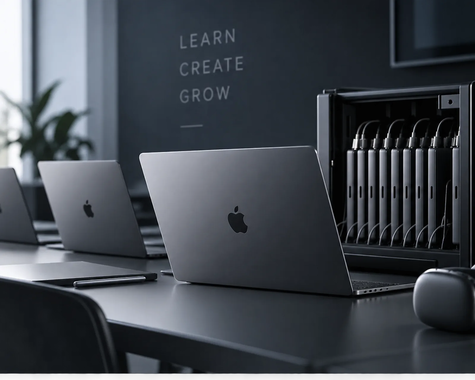 Notebooks und ein Ladeschrank mit Tablets auf einem Schultisch